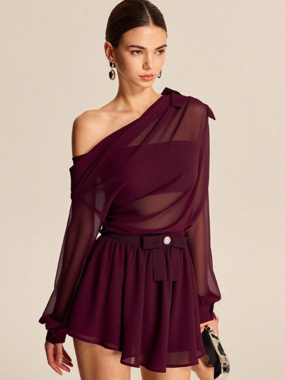 Commense One-Shoulder Sheer Long-Sleeve Mini Skirt Set